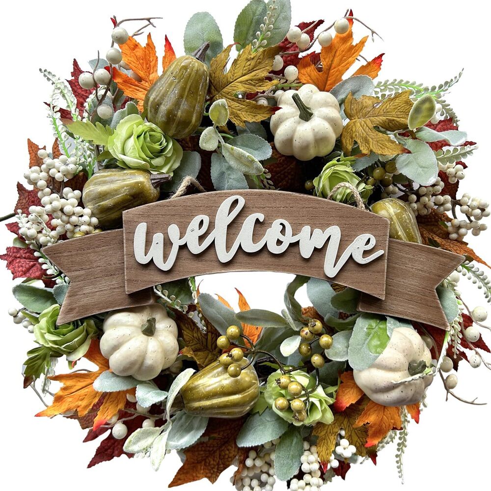 1182 22 Inch Fall Pumpkin Wreath for Front Door with Maple Leaves Berries
